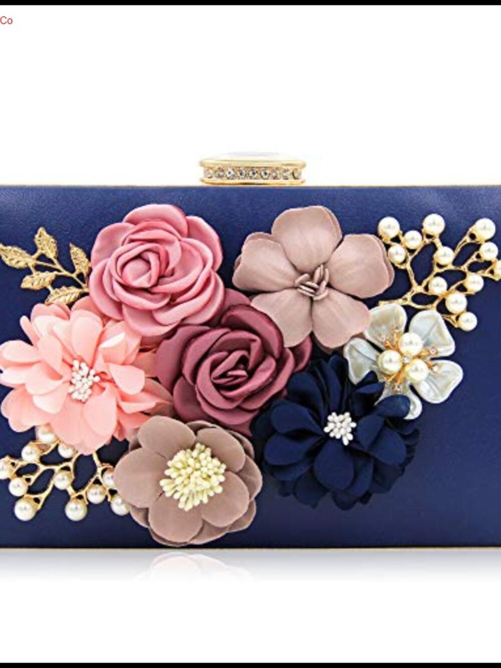 Floral Faux Leather Evening Clutch with Pearl Rhinestone Wristlet Strap